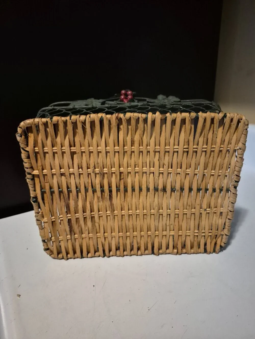 VINTAGE CHICKEN WIRE AND WICKER WRONGHT IRON BASKET